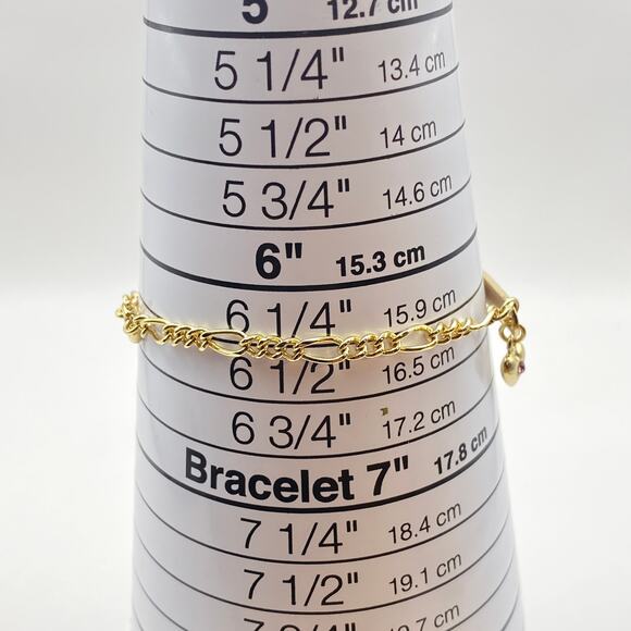 EMILY 10K Gold Plated ID Bracelet Heart Charm Pink Crystal Figaro Chain 6 1/4" - Picture 7 of 7